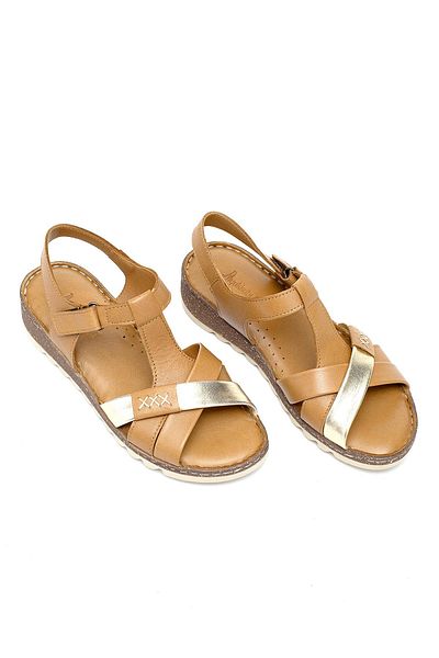 Ayakkabı Fuarı Women's Orthopedic Flat Sandals Tan - Elit Rhm207 Back Support Leather