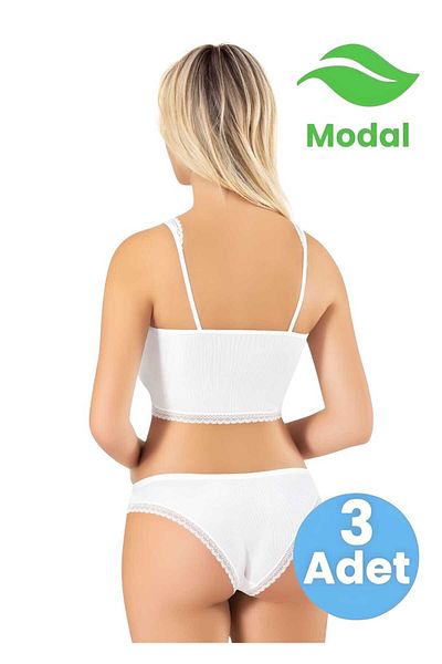 Tezzgelsin Women's 3-Piece Lace Strap Lace Detailed Modal Fabric Padded Bustier Crop Camisole Pantyhose Suit