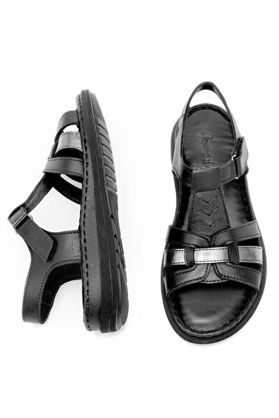 Ayakkabı Fuarı Elit Rhm017 Women's Genuine Leather Orthopedic Flat Sandals Black