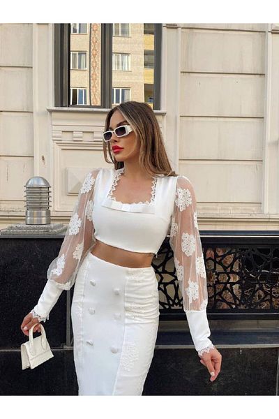 1Moda1Tarz Women's Imported Top Lace Bow Blouse Bottom Button Skirt Sleeve Set