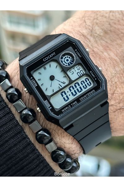 Cockpit Green Color Silicone Cord, Illuminated, Digital Sports Men's Wristwatch Bracelet Suitable for Pool Sea Use