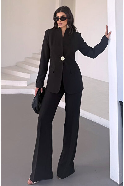 pembekurdelem طقم جاكيت وبنطلون نسائي مثير بأزرار ذهبية باللون الأسود