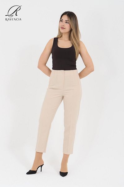Ravencia Women's Model High Waist Fabric Dark Cream Trousers