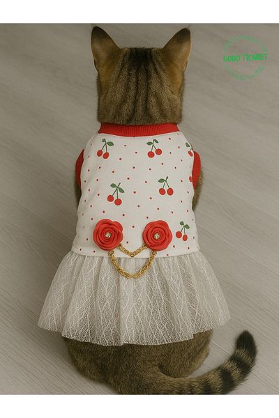 Goboticaret Cherry Patterned Appliqued Cat Dog Outfit Dress with Rose Accessories