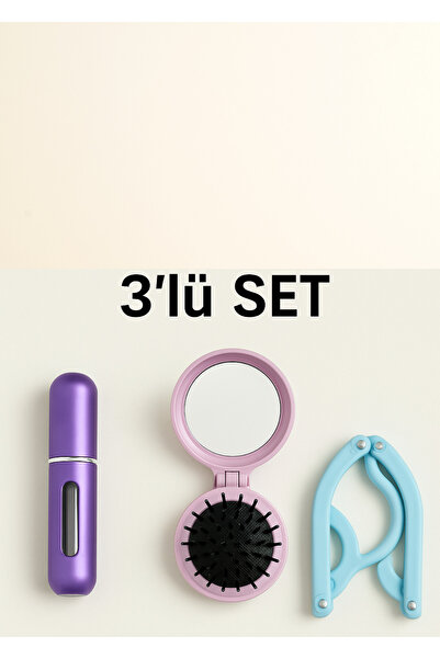 BRE HOME 4 Parça Seyehat Seti, Taraklı Katlanır Cep Ayna, Parfüm Şişesi, 2 Ad. Katlanır Askı