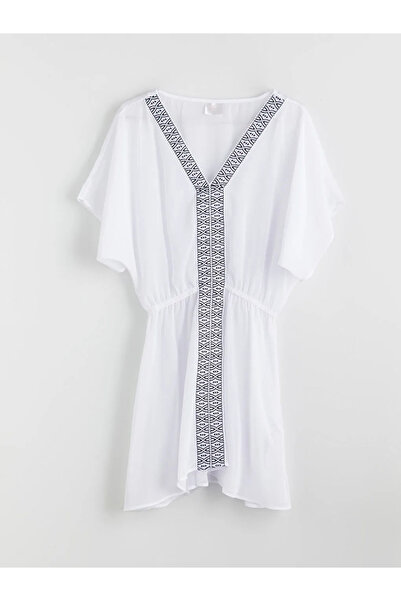 LC Waikiki Lcw Dream White V-Neck Patterned Women's Beach Dress