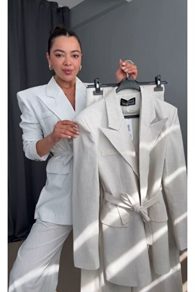 MODAGK Wadding Detailed Striped Belted Linen Suit