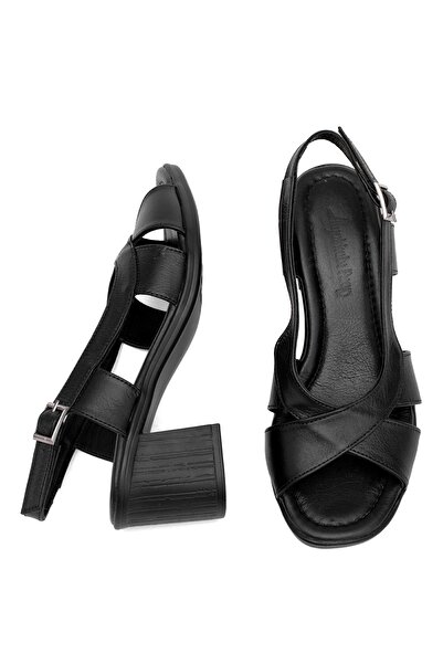 Ayakkabı Fuarı Elit Koc15-06 Women's Genuine Leather Heeled Sandals Black