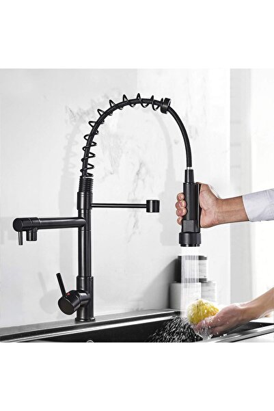 İyem Spiralli Çift Başlı Mat Siyah Endüstriyel Lux Mutfak Musluk Evye Bataryası Tr.yerli Üretim