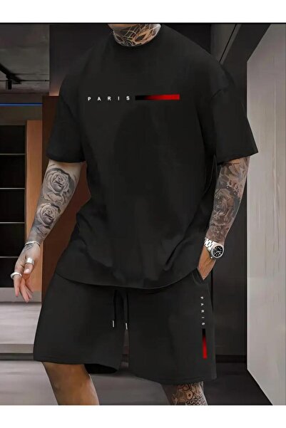 Framgan Erkek Sokak Stili Paris Çizgi Baskılı Şort T-Shirt Takım