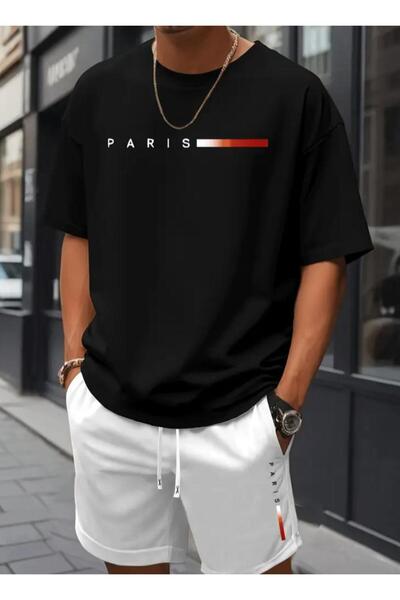 Framgan Erkek Sokak Stili Paris Çizgi Baskılı Şort T-Shirt Takım