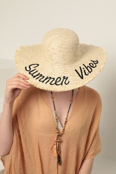 RODEZ Beige Summer Vibes Written Straw Hat