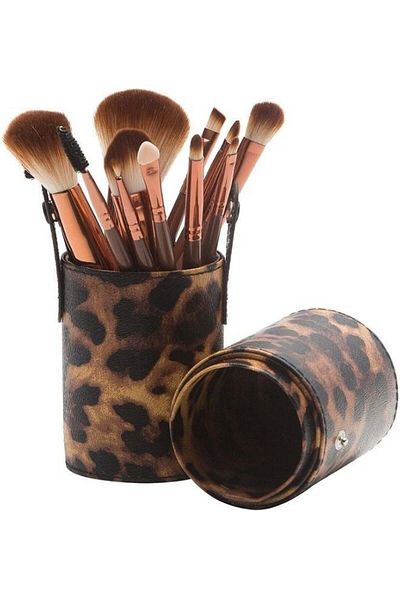 Makeup Set of 12 Makeup Brushes, Leopard Storage Case