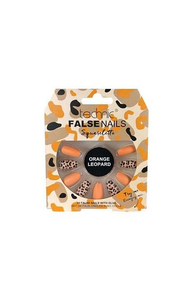 TECHNIC Set 24 Unghii False, Technic, Unghii False, Squareletto, Orange Leopard, Adeziv inclus