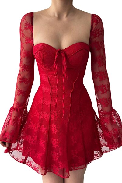 lovebox Vintage Dantel Mini Elbise Parlama Uzun Kollu A-Line Sonbahar Balo Akşam Partisi Kısa Elbise