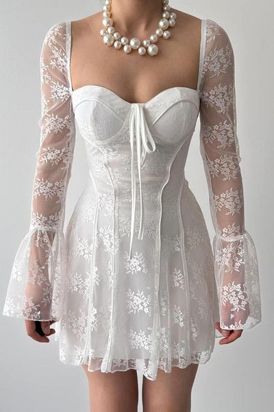 lovebox Vintage Lace Mini Dress, Flare Long Sleeve A-Line Fall Baloglu Evening Party