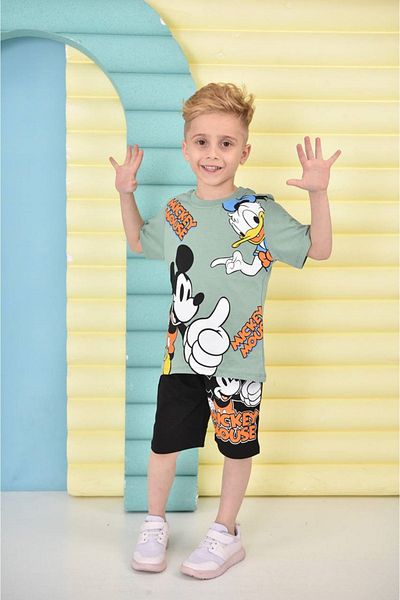 Yağmur Giyim Pjkskt Mickey Mause Pattern Green Shorts Boy's Short Sleeve Suit 7657-Y