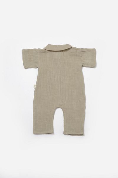 Magu Baby Boy Cotton Khaki Muslin Jumpsuit with Pockets - Lamb Embroidery Detail