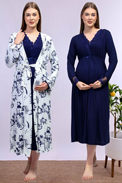 ByLohusa Effortt Navy Blue Νυχτικό εγκυμοσύνης με Peignoir