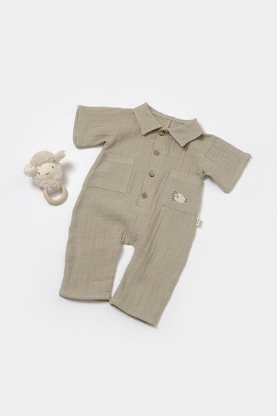 Magu Baby Boy Cotton Khaki Muslin Jumpsuit with Pockets - Lamb Embroidery Detail