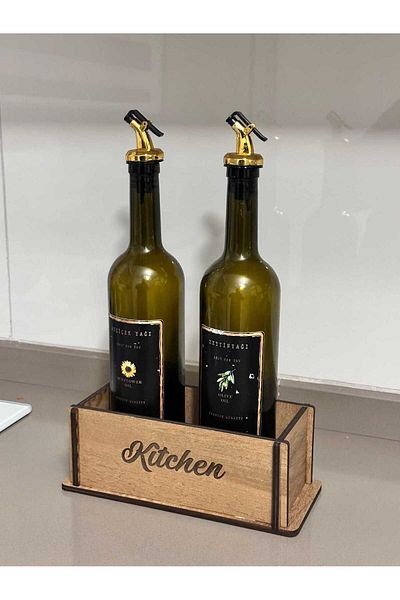 BİR LAZER Kitchen Written Wooden Case Box Organizer Stand, Oil Pot Vinegar Stand Countertop Organizer