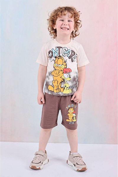 Yağmur Giyim Pjkskt Garfield Patterned Brown Shorts Boy's Short Sleeve Suit 7612-K