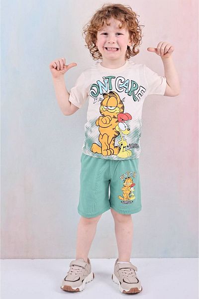 Yağmur Giyim Pjkskt Garfield Patterned Green Shorts Boy's Short Sleeve Suit 7612-Y
