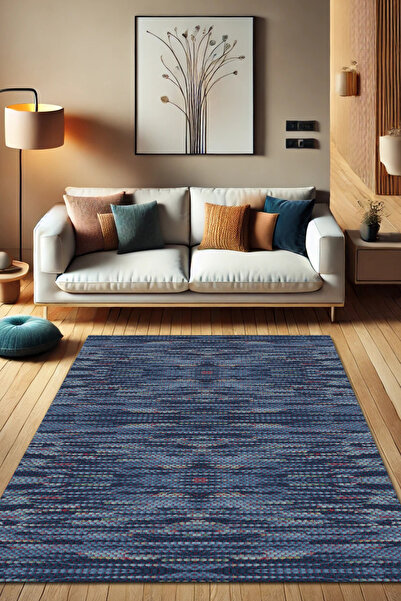 The Reef Design Pamuk Kilim Görünümlü Lacivert Dijital Baskılı Halı Dokuma Ta...