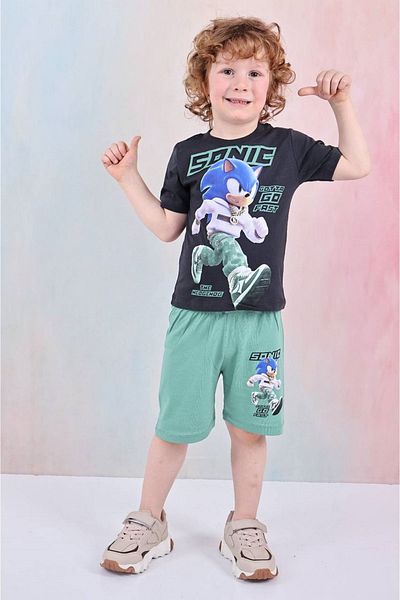 Yağmur Giyim Pjkskt Sonic Pattern Green Shorts Boy's Short Sleeve Suit 7613-Y