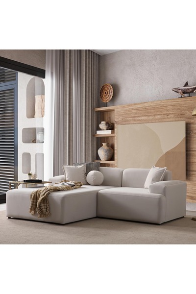 S Home Design Concept Molly Mini 2 Modül Kanepe Köşe Koltuk, Sol Köşe, Yönsüz Kadife Kırık Beyaz 210x145