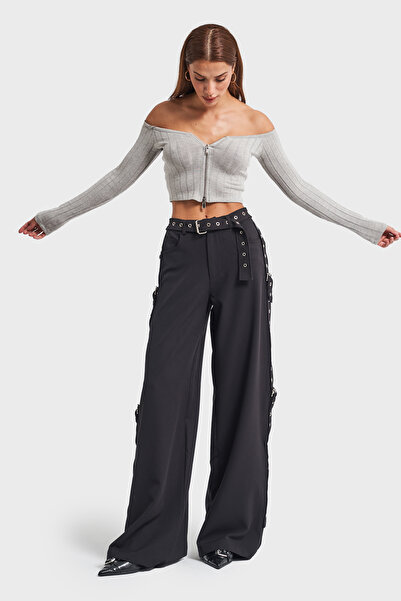 its basic Black Women's Trousers with Stretch Fabric - Side and Belt Detail