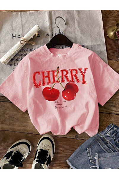 EFFRENATU Унисекс тениска с къс ръкав и кръгло деколте с щампа на череши (еди...