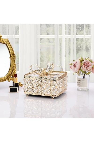 YNSK Crystal Glass Jewelry Box Decorative Box & Jewelry Box with Gold Bow |   Ring, Earring Box