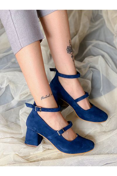 BERFONA Dasah Dark Blue Suede 5 cm Heel Strap Sandals