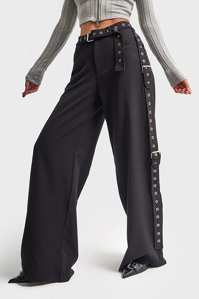 its basic Black Women's Trousers with Stretch Fabric - Side and Belt Detail