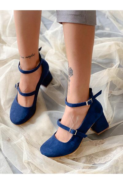 BERFONA Dasah Dark Blue Suede 5 cm Heel Strap Sandals