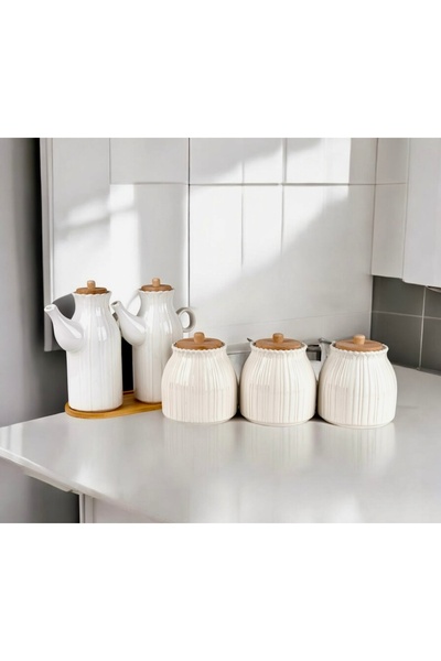 Pembelia Life 6 Parça Bambu Standlı Papatya Porselen 2 li Yağdanlık Ve 3 lü Papatya Kavanoz Set