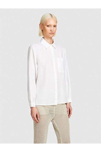 Sisley Γυναικείο πουκάμισο με μακρυμάνικο πουκάμισο με κουμπιά από 100% λινό, λευκό πουκάμισο - 324P5BMLLQ06S