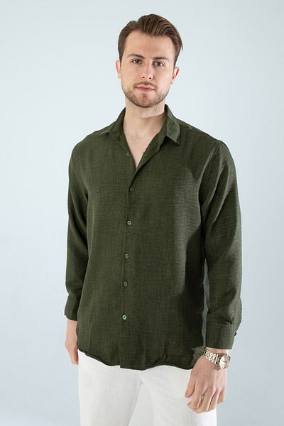 a02teks Εποχιακό Oversize Ανδρικό Πουκάμισο KHAKI, Loose Fit Μακρυμάνικο