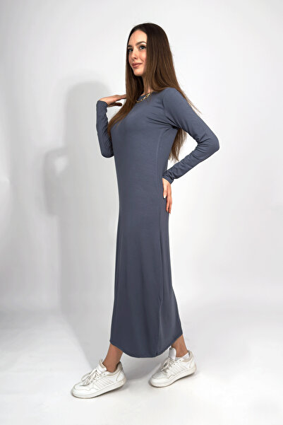 Betimoda Smoked Viscose Midi Dress - Long Sleeve, Crew Neck, Summer