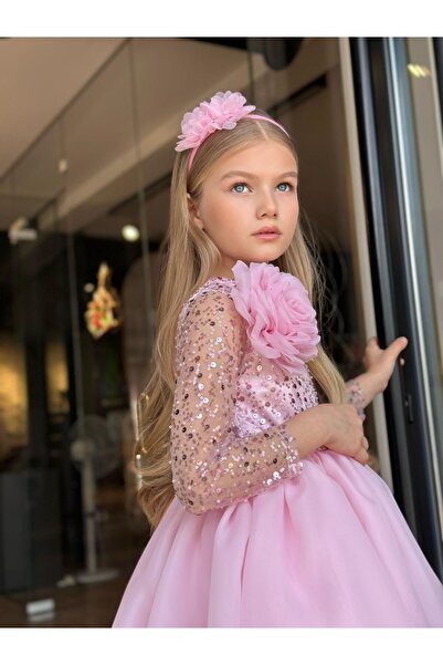 nisaykids Kız çocuk payet detaylı çiçekli elbise ve taç