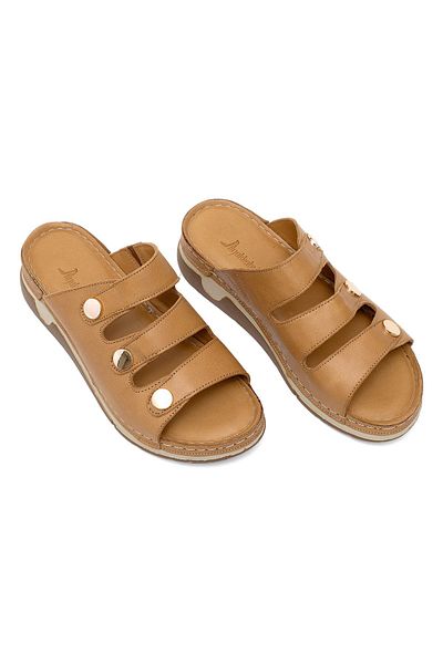 Ayakkabı Fuarı Elit Rhmm-15 Women's Genuine Leather Orthopedic Flat Slippers Tan