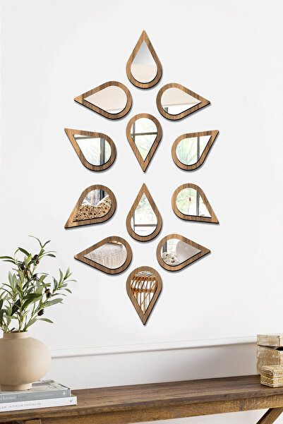 AHWART Su Damlası Dekoratif Ayna Seti Ahşap 12 Adet Pleksi Ayna