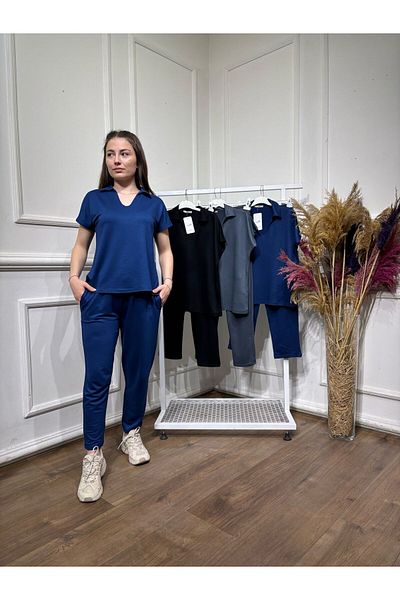 MODA Navy Blue Women's Crystal Patch V-Neck Double Tracksuit Set Summer Casual Sports Combination