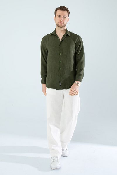 a02teks Εποχιακό Oversize Ανδρικό Πουκάμισο KHAKI, Loose Fit Μακρυμάνικο