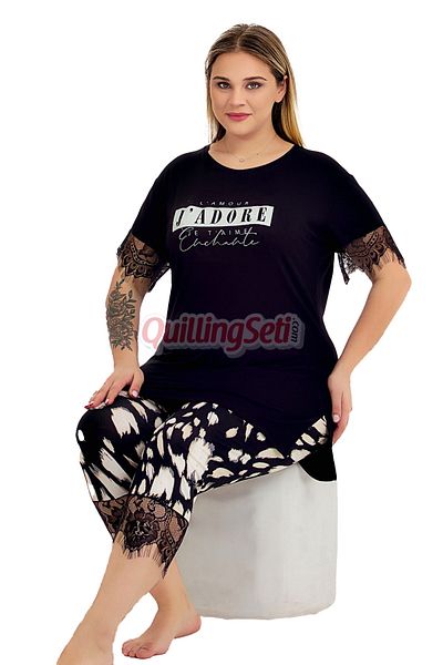 quilling Black Color and Patterned 10726 Cotton Big Size Leggings and Capri Maternal Pajamas Set