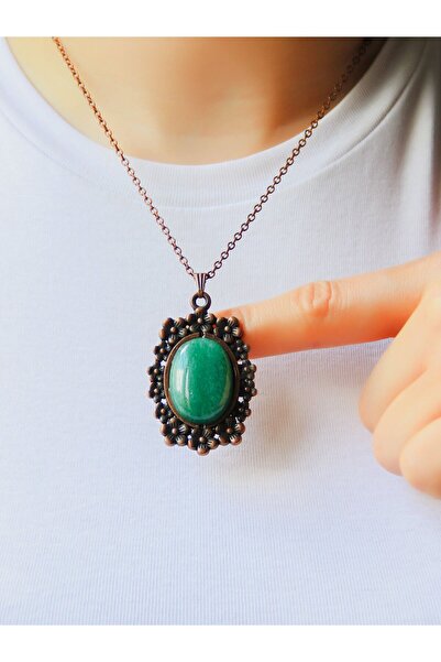 esha Doğal Taş Yeşil Akik Doğal Taşlı Çiçek Desenli Otantik Kadın Kolye 45 Cm...