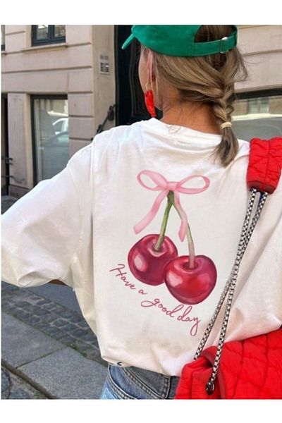 Tricou oversize cu imprimeu Cherry Back pentru femei