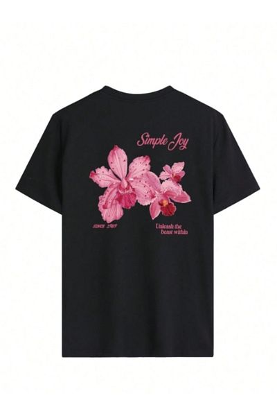 New Shine Γυναικείο μπλουζάκι Oversize με στάμπα με ροζ λουλούδια Simple Joy