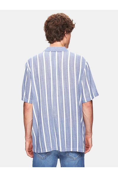 Ltb Relaxed Çizgili Kısa Kollu Mavi Gömlek